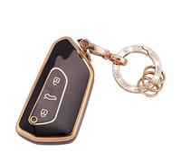 Koaudb Coque de porte-clés pour VW Golf 8 ID.3 ID.4 Seat Leon Tarraco Ateca Formentor Leon 3 boutons Coque en TPU souple avec porte-clés Noir Or (R-Vlw-3D-B)