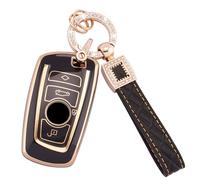 Koaudb Coque intégrale pour clé de voiture BMW Coque souple en TPU noir doré avec cordon porte-clés en cuir pour BMW 1 3 4 5 6 7 Series X3 X4 M5 M6 GT3 GT5 3 4 boutons Smart Key Case (BP-BM-4A)