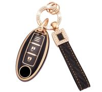 Koaudb Coque porte-clés compatible avec Nissan 350Z Qashqai Murano X-Trail Kicks Tiida Micra Pathfinder Note Juke 3 boutons Coque en TPU souple avec lanière porte-clés en cuir Noir Or (BP-Nisn-3)