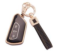 Koaudb Coque porte-clés pour VW Volkswagen Golf 8 ID.3 ID.4 Seat Leon Tarraco Ateca Cupra Formentor Leon 3 boutons Coque en TPU souple avec lanière porte-clés en cuir Noir Or (BP-Vlw-3D)