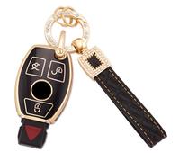 Koaudb Coque pour porte-clés Mercedes, 3 boutons en TPU souple avec lanière porte-clés en cuir pour Mercedes Benz A B C E G R S M Classe AMG Smart Key Fob Case Noir Or (BP-Bz-3R)