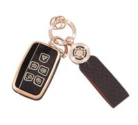 Koaudb Housse de clé de voiture 5 boutons pour Range Rover Sport Evoque LR4 Jaguar XF XJ XJL F-pace TPU Smart Key Protecter Case with Leather Keychain Lanyard Black Gold(C-BP-Rov)