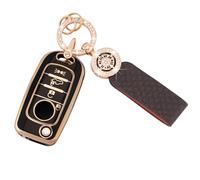 Koaudb Housse de clé de voiture compatible avec Fiat Tipo Toro Nuovo Freedom 500X Doblo Argo Grazie 4 boutons Flip Folding Coque pour clés en TPU souple avec porte-clés en cuir noir et or (C-BP-Fia-4)