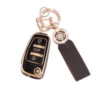 Koaudb Housse de clé de voiture pour Audi A1 A3 A4 A6 A8 Quattro Q3 Q7 S3 S6 RS3 RS6 R8 TT TTS 3 boutons Flip Key Case Coque de clé en TPU souple avec porte-clés en cuirOr noir (C-BP-Ad-3)