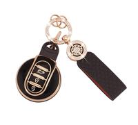Koaudb Housse de clé de voiture pour BMW Mini Cooper F54 Clubman F55 F56 F57 F60 Countryman Housse de clé intelligente à 3 boutons en TPU souple avec porte-clés en cuir noir et or (C-BP-Mn)