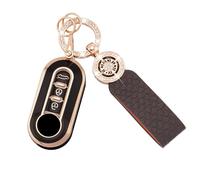 Koaudb Housse de clé de Voiture pour Fiat 500 500L Brava Bravo Fiorino Punto Panda Qubo Stilo Lancia 3 Boutons Housse de clé TPU Pliable avec Porte-clés en Cuir Noir et Or (C-BP-Fia)