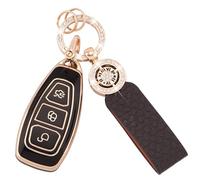 Koaudb Housse de clé de voiture pour Ford Fiesta Focus C-Max Galaxy B-Max Grand C-Max Kuga Mondeo S-Max 3 boutons TPU étui protecteur pour porte-clés avec porte-clés en cuir noir et or (C-BP-Frd-3)