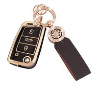 Koaudb Housse de clé de voiture pour VW Golf 7 Polo MK6 Jetta Touran Superb Rapid Seat Leon 3 boutons Coque de clé de voiture en TPU souple avec porte-clés en cuir noir et or (C-BP-Vlw-3B)