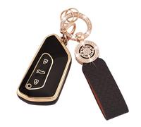 Koaudb Housse de clé de Voiture pour VW Golf 8 ID.3 ID.4 Seat Leon Tarraco Ateca Formentor Leon 3 Boutons Coque de Porte-clés en TPU Souple avec Porte-clés en Cuir Noir et Or (C-BP-Vlw-3D)