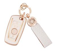 Koaudb Housse pour clés de Voiture pour BMW 1 3 4 5 6 7 Series X3 X4 GT3 GT5 3 4 Boutons Etui pour clé Intelligente en TPU Souple avec Trousseau de clés, Protecteur de clé en Or Blanc (C-BM-4A)
