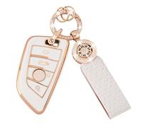 Koaudb Housse pour clés de voiture pour BMW X1 X2 X3 X5 X6 2 5 6 7 Series 3 4 Boutons Smart Key Case Coque avec anneau de clé Coque de protection complète en TPU souple Or blanc (C-BM-4D)
