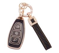 Koaudb Protecteur de clé de Voiture en TPU pour Ford Fiesta Focus C-Max Galaxy B-Max Grand C-Max Kuga Mondeo S-Max Étui Porte-clés sans clé 3 Boutons avec lanière Porte-clés en Cuir Noir Or(BP-Frd-3)