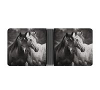 KOAYUBFC Portefeuille fin compact à deux volets en cuir noir et blanc avec motif chevaux, portefeuille minimaliste pour homme avec porte-cartes de crédit, fente pour pièces de monnaie, fenêtre