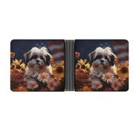 KOAYUBFC Portefeuille fin compact à deux volets Shih Tzu en cuir avec motif chien et fleurs, portefeuille minimaliste pour homme avec porte-cartes de crédit, fente pour pièces d'identité, fenêtre