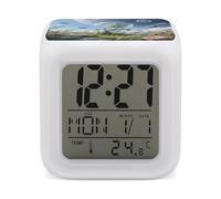 KOAYUBFC Réveil numérique LED à 7 couleurs changeantes avec calendrier de répétition, affichage de la température, zéro gravité, réveil de jardin, lampe de chevet à piles, veilleuse pour décoration de