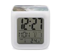 KOAYUBFC Réveil numérique LED à 7 couleurs changeantes avec calendrier de répétition, affichage de la température, cape de bonne espérance, réveil à piles, veilleuse pour décoration de chambre à