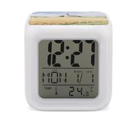 KOAYUBFC Réveil numérique LED à 7 couleurs changeantes avec calendrier de répétition, affichage de la température, horloge de village d'église, réveil à piles, veilleuse pour décoration de chambre à