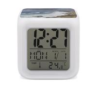 KOAYUBFC Réveil numérique LED à 7 couleurs changeantes avec calendrier de répétition, affichage de la température, cape de bonne espérance, réveil à piles, veilleuse pour décoration de chambre à