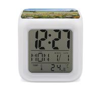 KOAYUBFC Réveil numérique LED à 7 couleurs changeantes avec calendrier de répétition, affichage de la température, vallée de fleurs sauvages en pleine floraison, réveil à piles, veilleuse pour