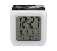 KOAYUBFC Réveil numérique LED à 7 couleurs changeantes avec calendrier de répétition, affichage de la température, vieille plate-forme de gare au crépuscule, réveil à piles, lampe de chevet pour