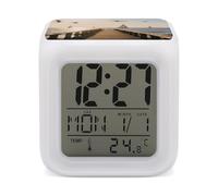 KOAYUBFC Réveil numérique LED à 7 couleurs changeantes avec calendrier de répétition, affichage de la température, lumière du matin, réveil en bord de mer, lampe de chevet à piles, veilleuse pour