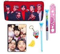 KOBBET® Lot de 7 stylos BTS Army Team pour enfants pour l'école BT-21. Porte-clés BTS Diary Deisgner Gomme Règle pour l'école pour enfants Cadeau de retour Cadeau de fête, bleu, L, Rouge
