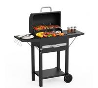 KOBENDA Barbecue Charbon de Bois XXL avec Couvercle - Grand Barbecue Charbon à Chariot, 2 Tables Latérales et Thermomètre - BBQ Fumoir Portable avec Roues pour Jardin, Camping et Fêtes en Extérieur
