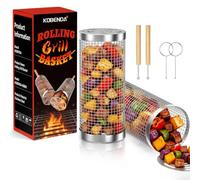 KOBENDA Panier à Barbecue Roulant, 2 Pièces, Acier Inoxydable 304, Poignée Bois Détachable, Accessoire Barbecue, Ustensiles de Cuisine Extérieur Camping, Cadeau Anniversaire Homme Papa Original Utile