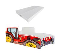Kobi Lit enfant Tracteur rouge 70x140 cm – Thème ferme – Avec sommier, matelas, barrière