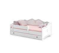 KOBI Lit d'enfant Emma Blanc | tiroir, Barre, Cadre de Matelas Inclus | Rose, Gris | pour Chambre d'enfant | lit de Fille (Gris, 140x70)