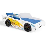 KOBI Lit en Forme de Voiture 140 x 70, Blanc, avec des Roues en 3D et Un Matelas, pour la Chambre d'enfant d'un garçon Cars