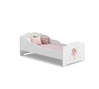 KOBI Lit Enfant Anna Blanc avec Fée Rose | 160x80 cm | Lit Petite Fille Lits pour Enfants | avec Un Matelas et Un Cadre | la Chambre Bebe | Lit Simple avec Barriere