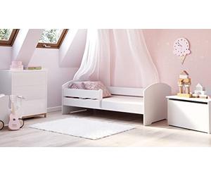 KOBI Lit Enfant LUK Blanc | 160 x 80 cm | Lit Garcon Petite Fille Lits pour Enfants | avec Un Matelas et Un Cadre | la Chambre Bebe | Lit Simple avec Barriere Balustrade