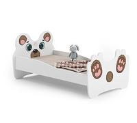 KOBI Lit Enfant Ours en Peluche Blanc | 140x70 cm | Lit Petite Fille Lits pour Enfants | avec Un Matelas et Un Cadre | la Chambre Bebe | Lit Simple avec Barriere