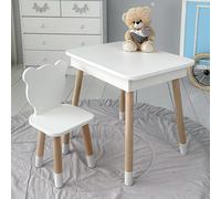 KOBI Table avec tiroir et Chaise, Ensemble de Meubles pour Enfants, Mini Meubles, Chaise, Table avec tiroir, pour Chambre d'enfant, Bois, pour Le Rangement, 1,5-7 Ans (Blanc/Ours)