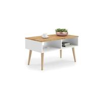 KOBI Table Basse Style scandinave SANDI 90x50x55 Pieds Bois (Blanc - chêne doré)