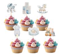 Koboko Baby Shower Lot de 12 décorations de cupcake, décoration de baptême, motif poussette, cheval à bascule, ours en peluche, bleu