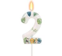 Koboko Bougie d'anniversaire, numéro 2, thème animaux de la jungle, blanche, avec feuilles tropicales et animaux de safari