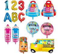 KOBOKO Lot de 14 ballons décoratifs en aluminium pour la rentrée des classes - Pour fille et garçon - Décoration de rentrée scolaire - Avec bus ABC 123 - Pour garçons et filles