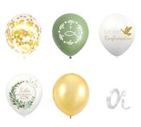 Koboko Lot de 25 ballons de confirmation en latex, blanc, vert et or, motif baptême, avec ruban