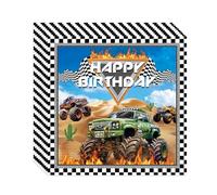 Koboko Monster Truck Lot de 20 serviettes en papier Motif voiture de course Happy Birthday Bord à carreaux noir et blanc Thème tout-terrain