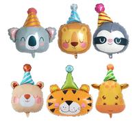 Koboko Party Deco - Lot de 6 ballons d'anniversaire en aluminium - Motif visage d'animaux - Avec chapeaux de fête - Koala Lion, paresseux, ours, tigre, girafe - Pour décoration d'anniversaire d'enfant