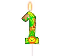 Koboko Safari - Bougie d'anniversaire sur le thème de la jungle - Numéro 1 - Vert avec motif lion, girafe et éléphant - Pour premier anniversaire
