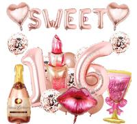 Koboko Sweet Lot de 25 ballons d'anniversaire pour 16 ans, or rose, ballons en aluminium avec cœur, bouteille de champagne, lèvres et confettis