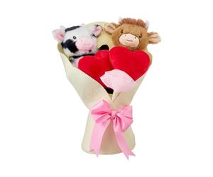KOBONA Highland Cow Peluche - Bouquet de Vaches Highland avec Cœur et Noeud Rose, Peluches Romantiques pour la Saint-Valentin, pour Elle et Son Amoureux