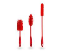 Kochblume Lot de 3 brosses en Silicone avec têtes interchangeables dans Une boîte Rose + Sac zippé, Brosse à Bouteille, Brosse à Vaisselle, antibactérienne, sans germes, Rouge