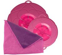 Kochblume Set économique pour casseroles de 14 à 24 cm avec chiffon en microfibre dans la boîte rose | Protection anti-surchauffe en silicone pour casseroles et poêles rose bonbon