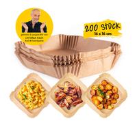 RACHS KOCHWERK Lot de 200 feuilles de cuisson pour friteuse à air chaud 2 à 5 litres | Bac en papier sulfurisé antiadhésif et résistant à l'huile | Forme flexible | 16 x 16 x 4,5 cm