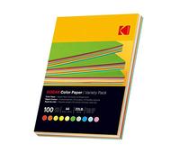 KODAK Color Paper - Papier de Couleur, Pack de 100 Feuilles, 80g/m², Format A4 (21x29,7cm), Double Face, Assorties en 10 Couleurs (Rouge, Orange, Jaune, Vert, Bleu, Rose), Impressions Jet d'Encre