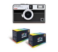 KODAK EKTAR H35N - Caméra Film Demi-Format 35mm Réutilisable, Sans Mise au Point, Légère, Facile à Utiliser - Noir Rayé + 2 Pellicules 35mm Couleur 24 Expositions
